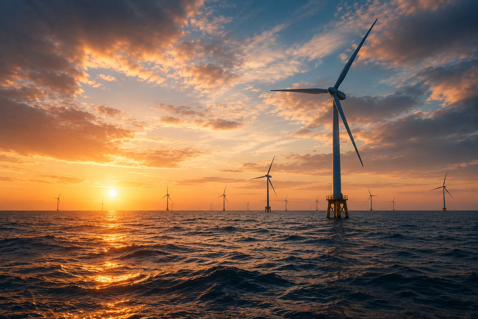 Offshore wind turbines at sunset